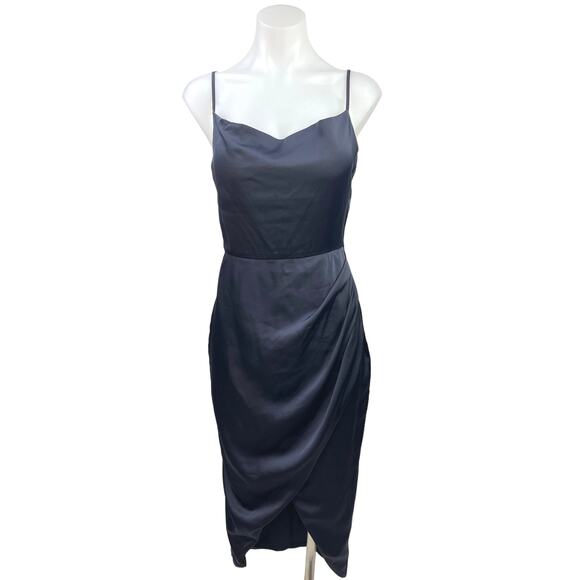 Showpo Dazzling Lights Navy Silky Satin Cowl Neck Draped Midi Bodycon Dress Sz 8 - Picture 1 of 5
